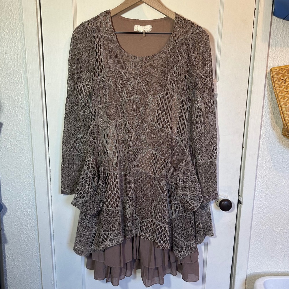 A'reve Crochet Lace Layered Tunic Dress Taupe Brown